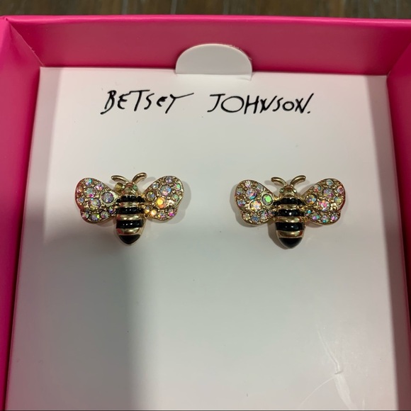 New BETSEY JOHNSON BEE Shape Stud Rhinstone EARRINGS With Box - Picture 3 of 4
